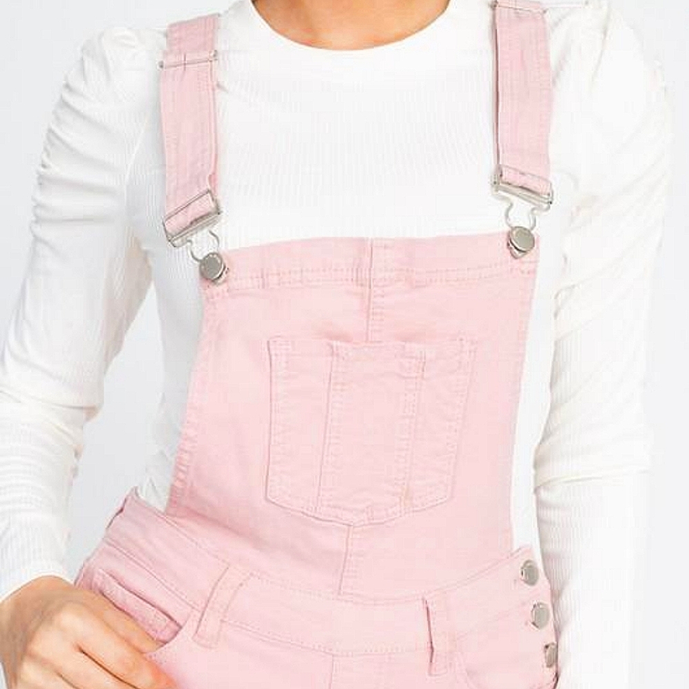 Dusty Rose Pink Distressed Denim Skinny Overalls - Picture 5 of 5